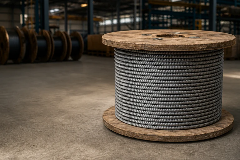 Steel wire rope wound around a wooden reel in an industrial warehouse